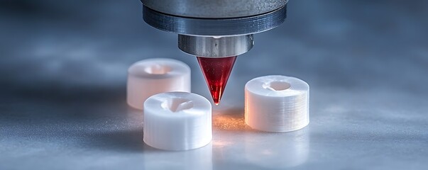 Poster - 3D Printer Nozzle Depositing Filament onto White Cylindrical Objects
