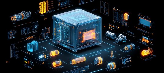 Poster - Transparent Cube Revealing Internal Components and Surrounding Technological Schematics