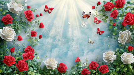 Wall Mural - Beautiful wallpaper featuring red and white roses, green grass, and butterflies, creating serene and vibrant atmosphere. sunlight adds warm touch to floral scene