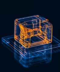 Poster - Glowing Orange Wireframe Cube on a Blue Digital Platform