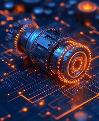 Poster - Futuristic Cybernetic Engine Resting on Illuminated Circuitry