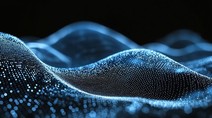 Fototapete - Abstract Blue Digital Wave of Glowing Particles on Black Background