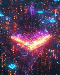 Poster - Illuminated Crystal Pyramid Above a Futuristic, Neon-Lit Cityscape