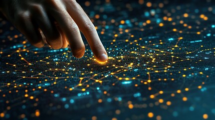 Poster - Finger taps glowing city map; data network background