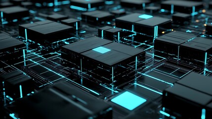 Poster - Abstract 3D Rendering of Interconnected Black Cubes with Glowing Cyan Circuitry