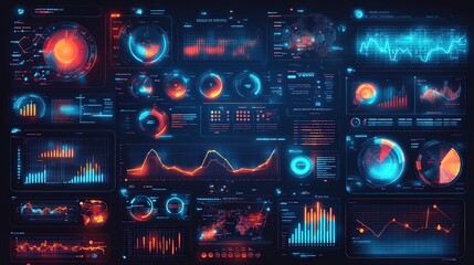 Fototapete - Futuristic data analysis screen displays graphs, charts, and metrics on a dark background for tech presentations