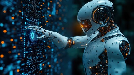 Fototapete - Futuristic robot interacts with digital data wall