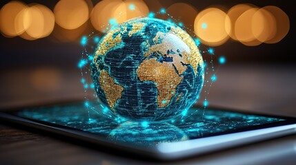 Poster - Global network connection on tablet, bokeh background