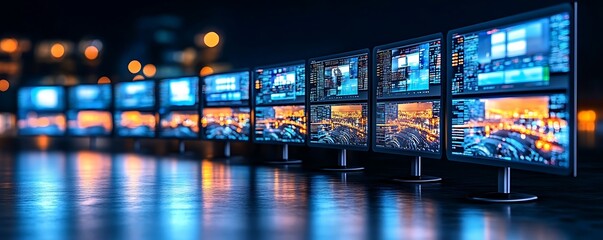 Poster - Multiple large monitors displaying data streams and cityscapes at night.