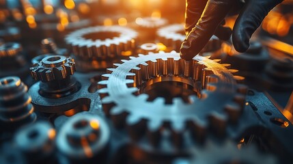 Poster - Gloved hand adjusts gears, factory background, industrial process
