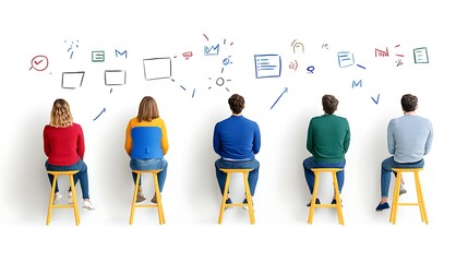 Poster - Team Brainstorming Session:  Back View of Individuals Facing a White Board with Doodles