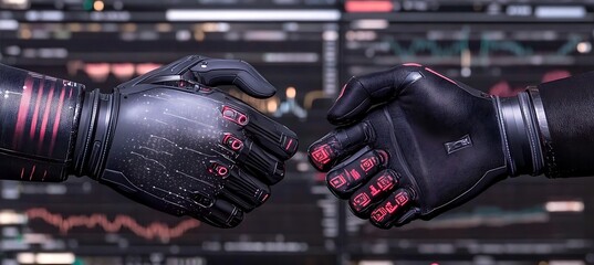 Poster - Robotic Hands Clasped in a Deal, Futuristic Technology Background