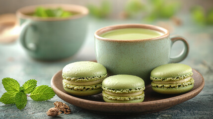 Wall Mural - Matcha Macarons and Latte: Indulge in the serenity of a matcha green tea latte paired with delicate pastel green macarons. A captivating image perfect for food blogs, cafes, and tea lovers.