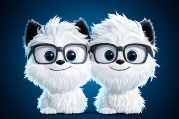 Wall Mural - Two adorable fluffy creatures with glasses sit side-by-side against a dark blue background.  Their bright eyes and friendly expressions create a heartwarming image.