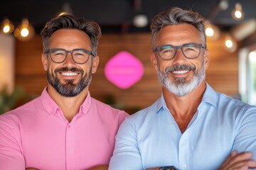 Wall Mural - Two smiling middle-aged men stand shoulder-to-shoulder, one in a pink shirt and the other in a light blue shirt.  They both wear glasses.