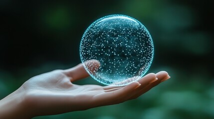 Poster - Hand holding glowing data sphere, nature background, technology concept
