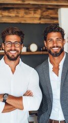 Canvas Print - Two smiling hispanic businessmen stand confidently, one in a white shirt and the other in a grey suit.  A portrait of success.