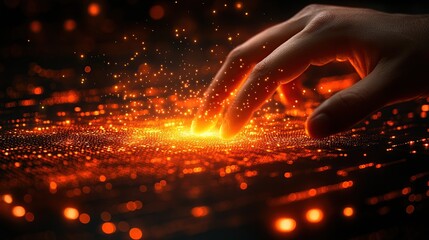 Poster - Hand touching glowing embers, dark background, digital art, tech concept