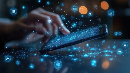 Poster - Hand using phone, digital icons, night, bokeh