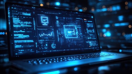 Fototapete - Laptop displays data analytics; futuristic server room background