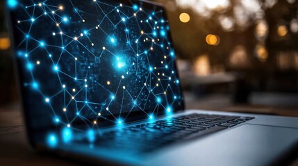 Poster - Laptop displaying network data outdoors at night