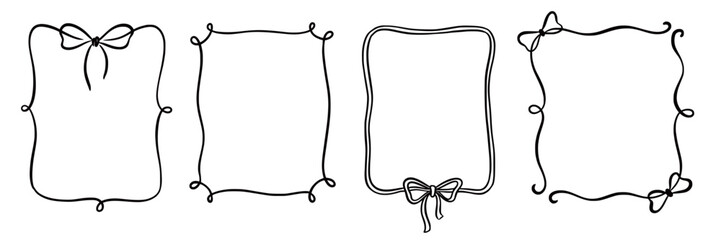 Aufkleber - Bow frame ribbon border vintage hand drawn set. Hand drawn doodle sketch style line bow frame decorative black vintage ornament. Elegant doodle holiday, wedding ribbon border. Vector illustration