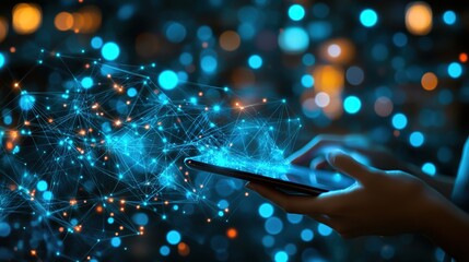 Poster - Night city, hands using phone, network data, bokeh background, tech concept