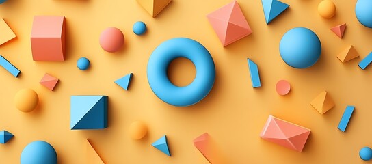 Poster - Abstract Composition of Colorful 3D Geometric Shapes on Yellow Background