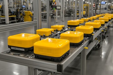 Poster - Yellow Components Moving on an Automated Assembly Line in a Factory