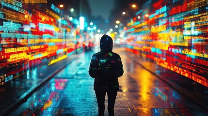 Poster - Person stands in digital city street at night, data streams