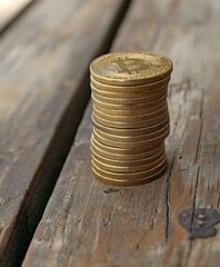 Poster - Stack of Gold Bitcoin Coins on Rustic Wooden Surface