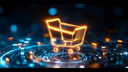 Poster - Futuristic Glowing Shopping Cart Icon Floats Over Digital Space with Vibrant Lights and Ripple Effect Technology