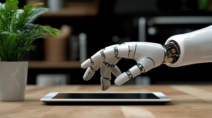 Fototapete - Robotic hand using tablet, office background