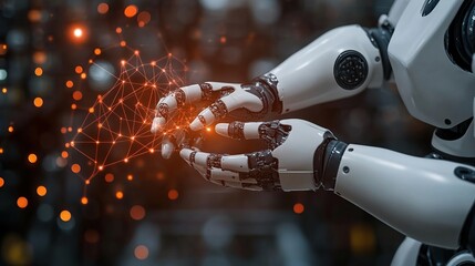 Poster - Robotic hands holding network; factory backdrop; AI future
