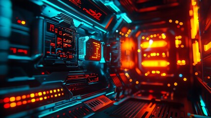 Poster - Futuristic Red and Blue Neon Lit Tech Control Panel Interior