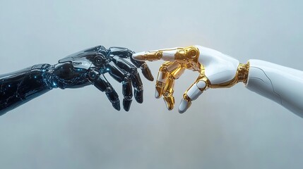 Poster - Robotic hands touching, futuristic studio, connection, AI background, tech concept