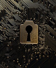 Poster - Golden Keyhole Embedded in a Circuit Board, Symbolizing Digital Security