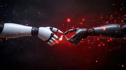 Fototapete - Robotic handshake, digital network, dark background, AI collaboration
