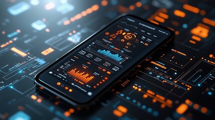Poster - Smartphone displaying data analytics on futuristic interface