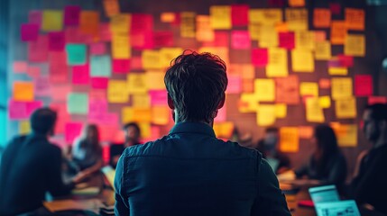 Poster - Team brainstorming, sticky notes wall, office meeting, problem-solving, project planning