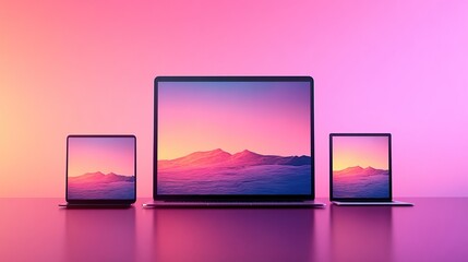 Poster - Three laptops, sunset landscape display, pink background, tech product shot