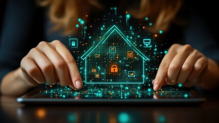 Poster - Woman controls smart home security system on tablet
