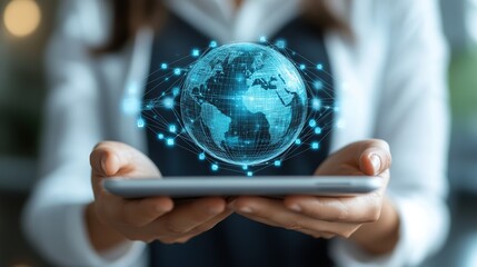 Poster - Woman holds global network on tablet, cafe background, digital connection