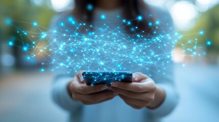 Poster - Woman outdoors using phone, network connection visualized, blurred background