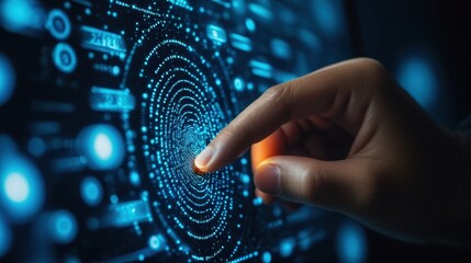 Wall Mural - a fingertip makes contact with an illuminated digital fingerprint on a dark tech-themed backdrop