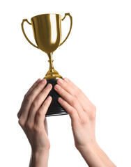 Wall Mural - woman holding golden trophy on white background, closeup