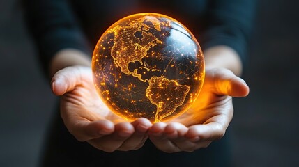 Poster - Woman's hands hold glowing digital Earth; global network concept