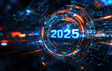 Poster - A dynamic digital representation of the year 2025, illustrating a vibrant intersection of technology and innovation.