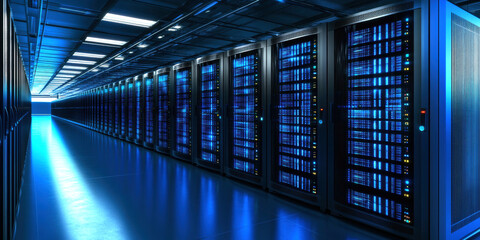 Aufkleber - Explore a high-tech data center filled with advanced servers glowing in blue light, illustrating the backbone of today's digital infrastructure and its significant role in data management.
