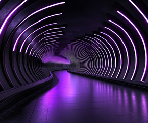 Poster - A visually striking tunnel illuminated with vibrant purple lights, featuring sleek, curved walls that create an immersive, futuristic atmosphere perfect for modern architecture enthusiasts.